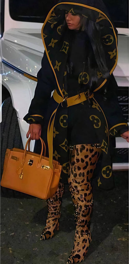 Luxe Monogram Hooded Wrap Coat